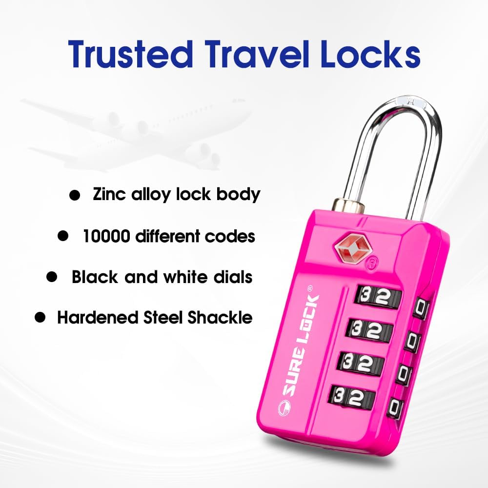 SURE LOCK TSA Approved 4-Digit Resettable Combination Luggage Locks with Open Alert, Easy-Read Dials - for Luggage, School Lockers, Gym, Office, Toolbox & Security Cases (Pink 2 Pack)