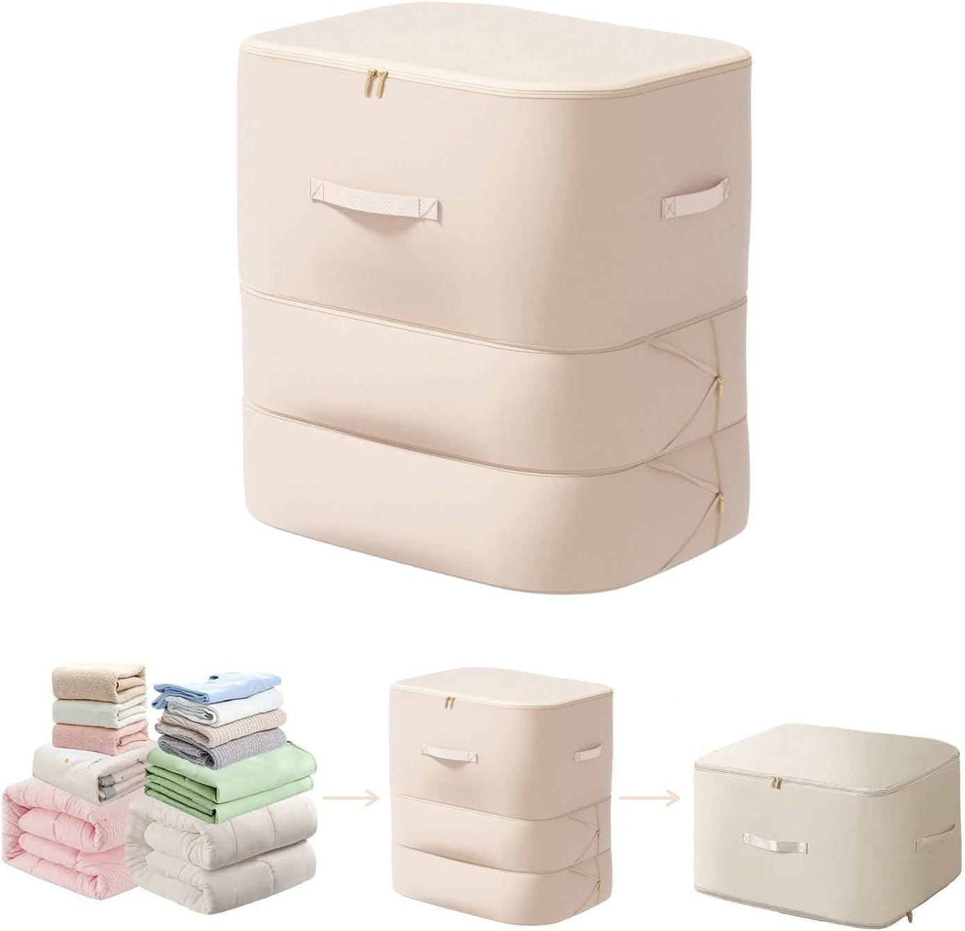 Ultra Space Saving Self Compression Organizer, 2025 New 3-Layer Zipper Large Capacity Storage Bag, Thick Satin Fabric Heavy Duty Bags for Comforters Blankets Bedding Duvet (Beige, X-Large, 21x17x24in)
