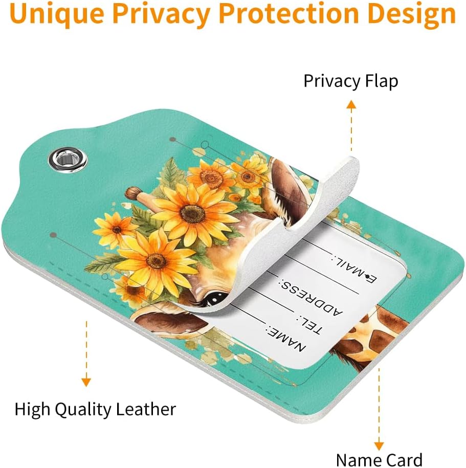 2 Pack Luggage Tag for Suitcase, Cute Unique Leather Bag Tags Identifiers Privacy Cover ID Label with Durable Steel Loop for Women Men Kids Girls Travel，GiraffeJ