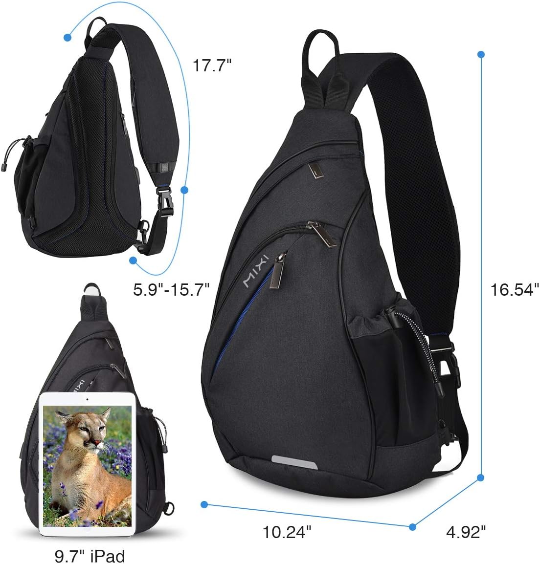 mixi Sling Bag Men Backpack Unisex One Shoulder Bag Hiking Travel Backpack Crossbody with USB Port for Men Women Versatile Casual Daypack-17 inch,Black