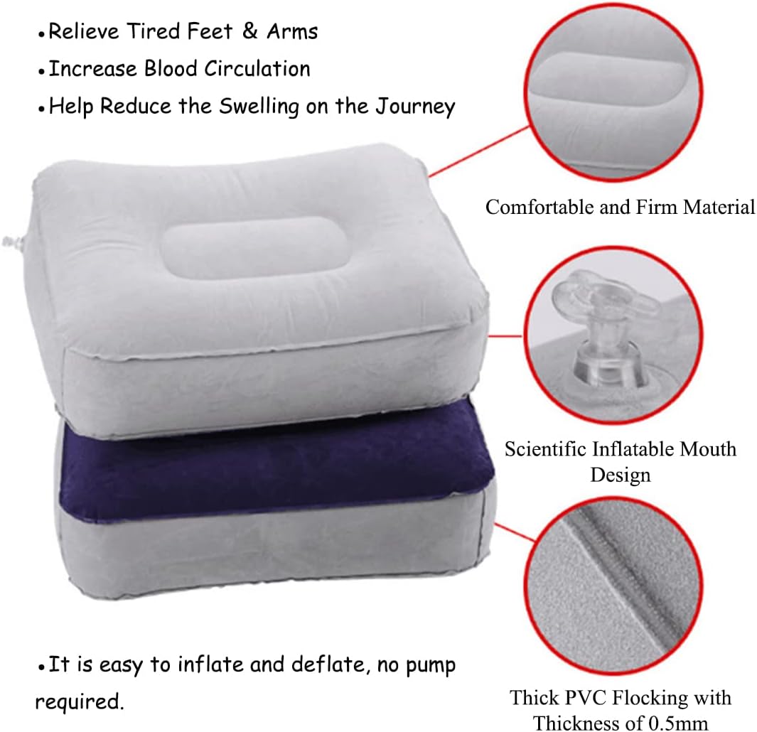 Inflatable Travel Foot Rest Pillow, Head Pad, Soft Flocking Pillow, Flights Relax Cushion Ottomans Leg Up with Air Pump for Office, Home Relax, Camping and Travel Use (Gray, 1 Pcs)