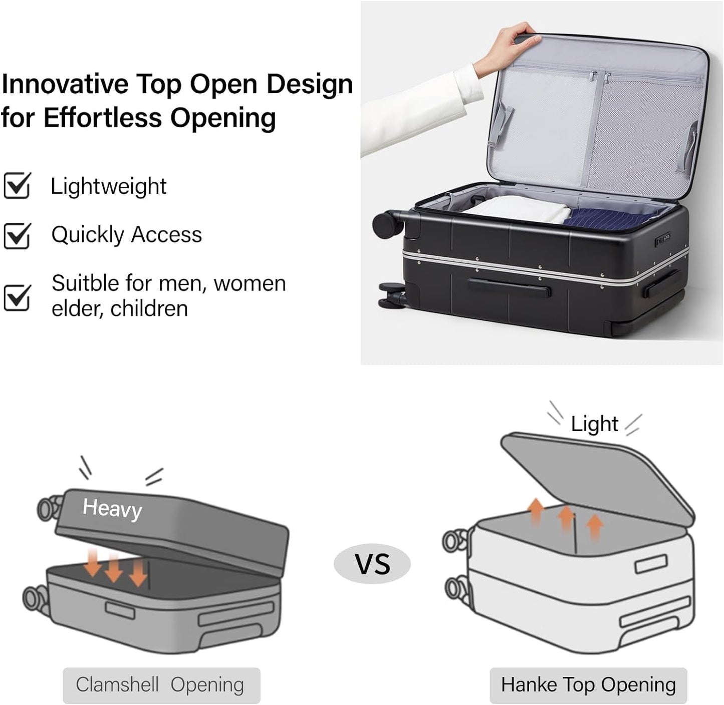 Hanke Top Opening Carry On Luggage, 20 Inch Zipperless Aluminum Frame Wide Handle Luggage, All-PC Hard Shell Trunk Suitcase with Spinner Wheels, TSA Airline Approved (Jet Black, 40L)