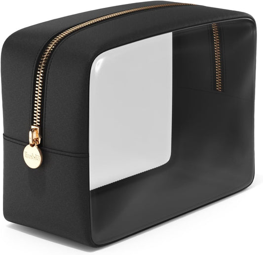 Clear Makeup Bag Zipper Pouch, Transparent Cosmetic Case Organizer, TSA Approved Travel Toiletry Case, Travel Accessories Essentials Makeup Tote for Women, Large Cute Make up Bag for Purse - Black