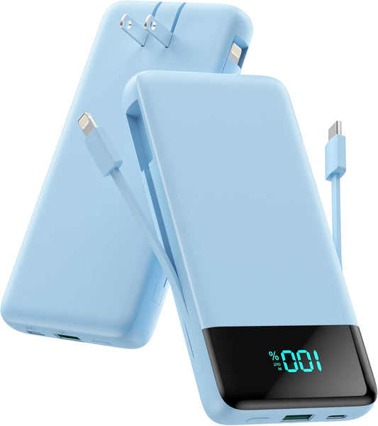 Portable Charger for iPhone with Built in Cables and Wall Plug,Upgraded 13800mAh Fast Charging USB C Power Bank,4 Outputs Travel Essential Battery Pack Compatible with iPhone 15/14/13/12,-Light Blue