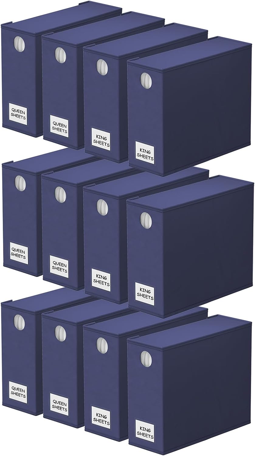 SpaceAid 12 Pack Bed Sheet Organizers and Storage, Foldable Linen Closet Organizer, Set Folder Keeper With Window XL (Queen & King Size) Bedding Container (Navy Blue)