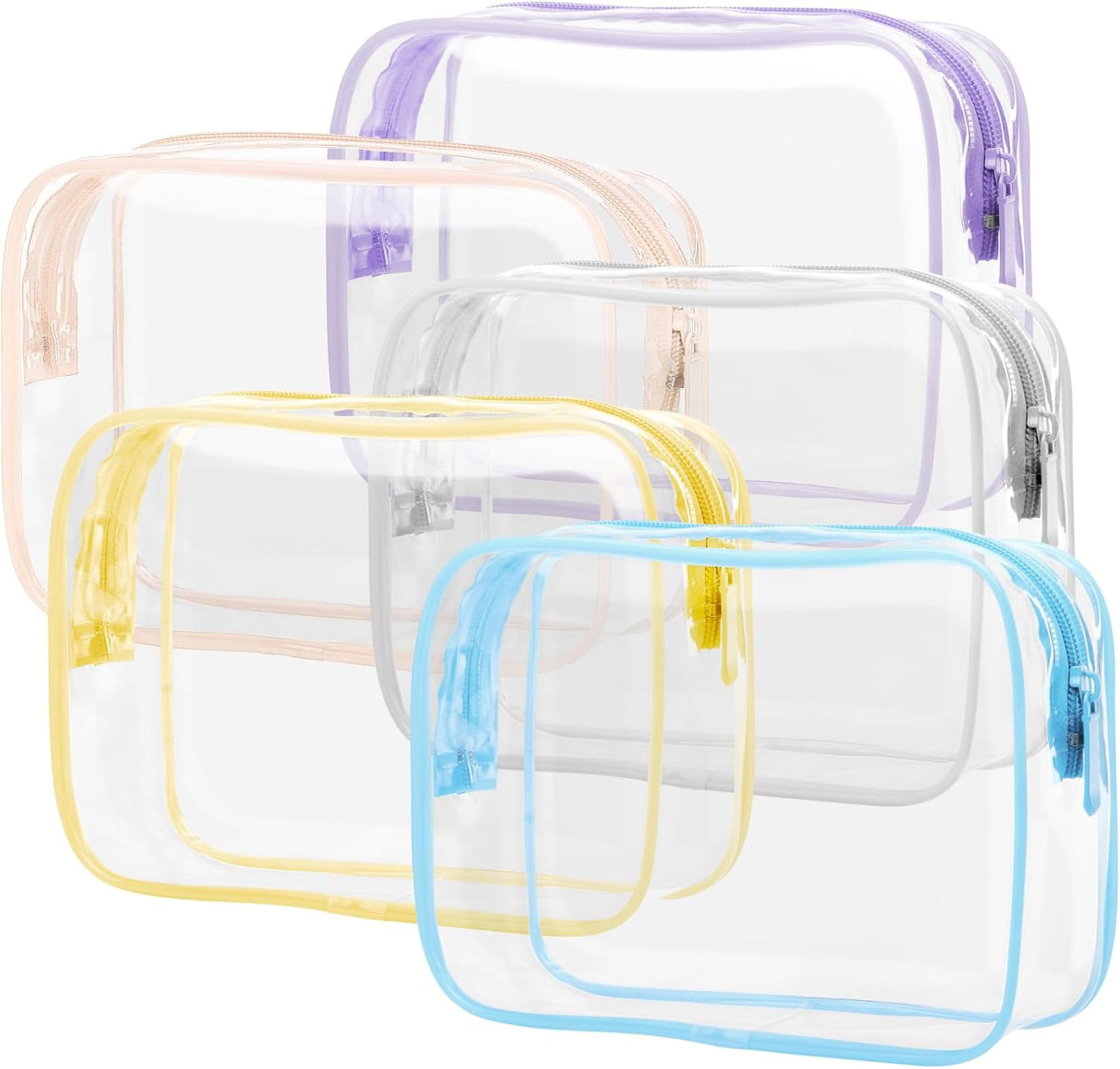 PACKISM Clear Toiletry Bag, 5 Pack TSA Approved Toiletry Bag Quart Size Bag, Travel Makeup Cosmetic Bag for Women Men, Carry on Airport Airline Compliant Bag, White, Yellow, Blue, Purple, Pink…