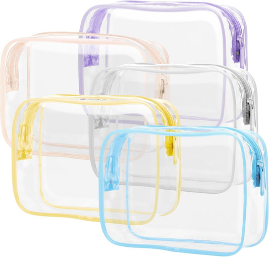 PACKISM Clear Toiletry Bag, 5 Pack TSA Approved Toiletry Bag Quart Size Bag, Travel Makeup Cosmetic Bag for Women Men, Carry on Airport Airline Compliant Bag, White, Yellow, Blue, Purple, Pink…