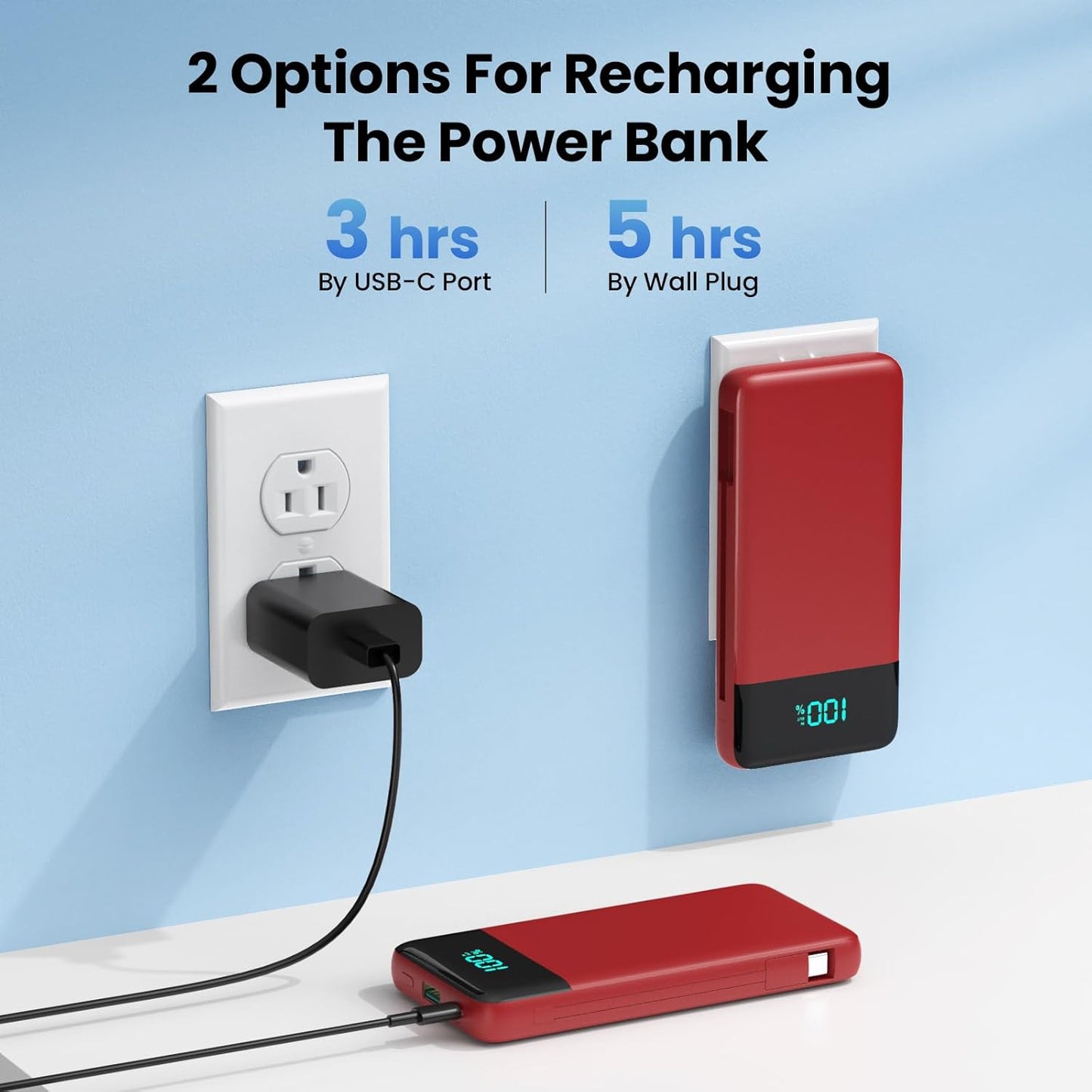 Portable Charger for iPhone with Built in Cables and Wall Plug,Upgraded 13800mAh Fast Charging USB C Power Bank,4 Outputs Travel Essential Battery Pack Compatible with iPhone 15/14/13/12,-Red
