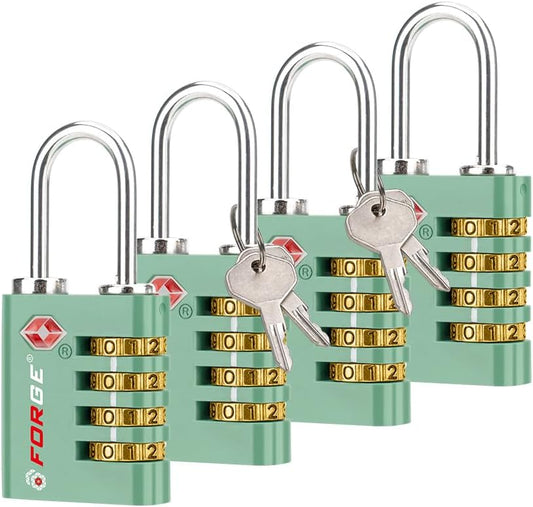 Forge Dual-Opening: Key or Combination Access Lock, TSA Approved Locks for Luggage, Pelican case, Travel, Gym, School, Stainless Steel Shackle. (Green, 4 Pk)