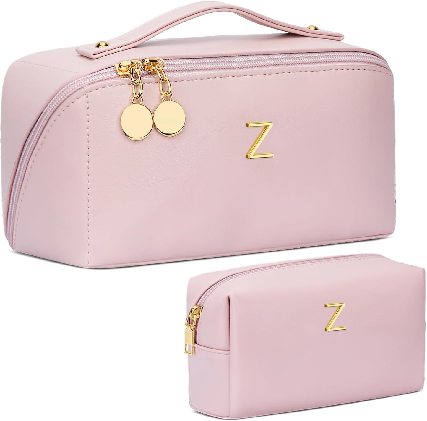 Birthday Gifts for Women Teen Girl, Personalized Initial Makeup Organizer Bag Set, Open Flat Travel Cosmetic Bag With Clear Divider and Handle(Pink,Z)