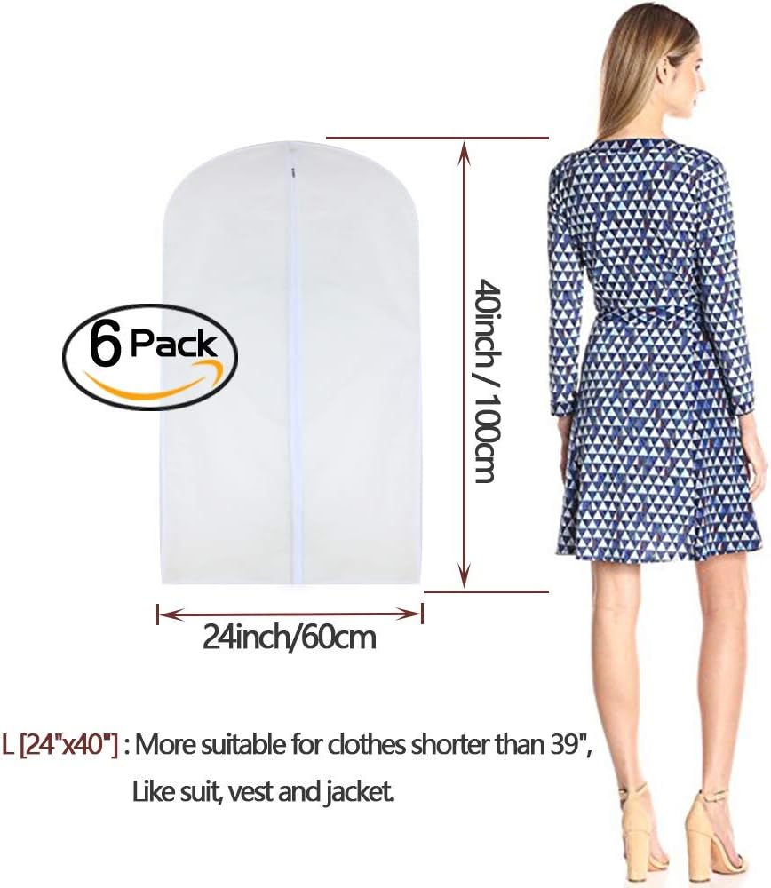 Garment Bags for Hanging Clothes 24'' x 40'' Suit Hanging Garment Bags White Breathable Suit Covers for Closet Full Zipper Dust Cover for Suits Dance Clothes Closet Pack of 6