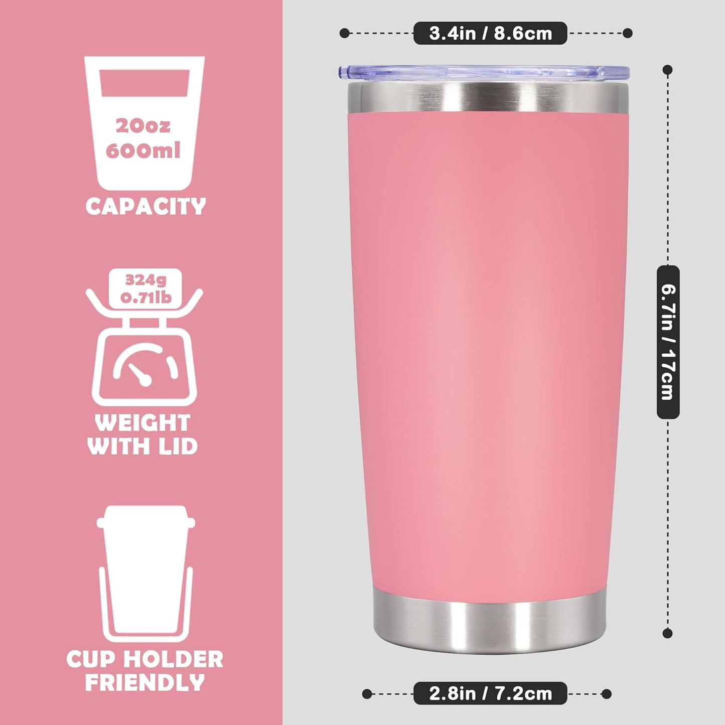 20oz Tumbler Stainless Steel Tumbler Cup with Lid Vacuum Insulated Double Wall Travel Mug, Durable Powder Coated Travel Coffee Tumbler Mug for Hot & Cold Drinks, Pink,4 Pack