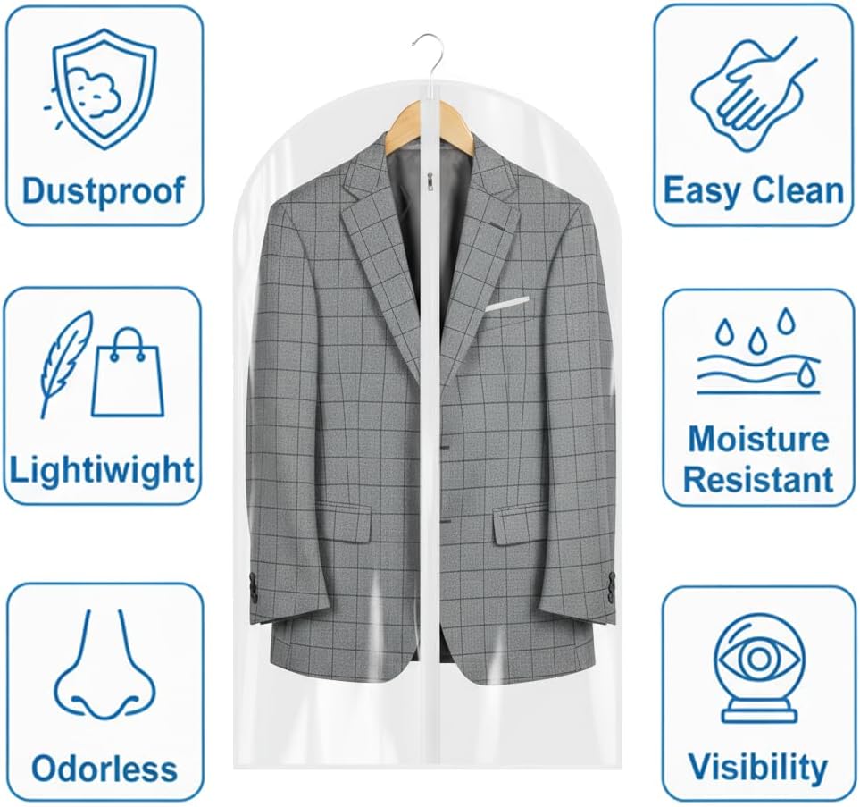 All Clear Garment Bags for Travel - 32”PEVA Waterproof Suit Cover with Zipper for Hanging Clothes, Shirts, Sweaters - Durable Dresser for Closet Storage, Dustproof & Moisture Resistant - 32”/2 Pack