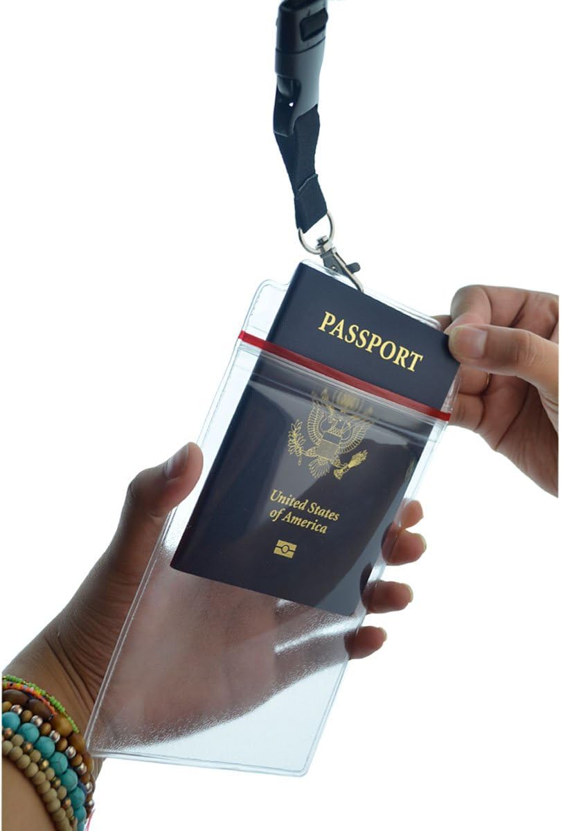 Passport Holders - 2 Pack - Heavy Duty Water and Tear Resistant Resealable Sleeves & Premium Breakaway Lanyard - 4X6 Insert for Vaccination Cards, Cruise, Travel, and Beach Vacation Documents (Black)