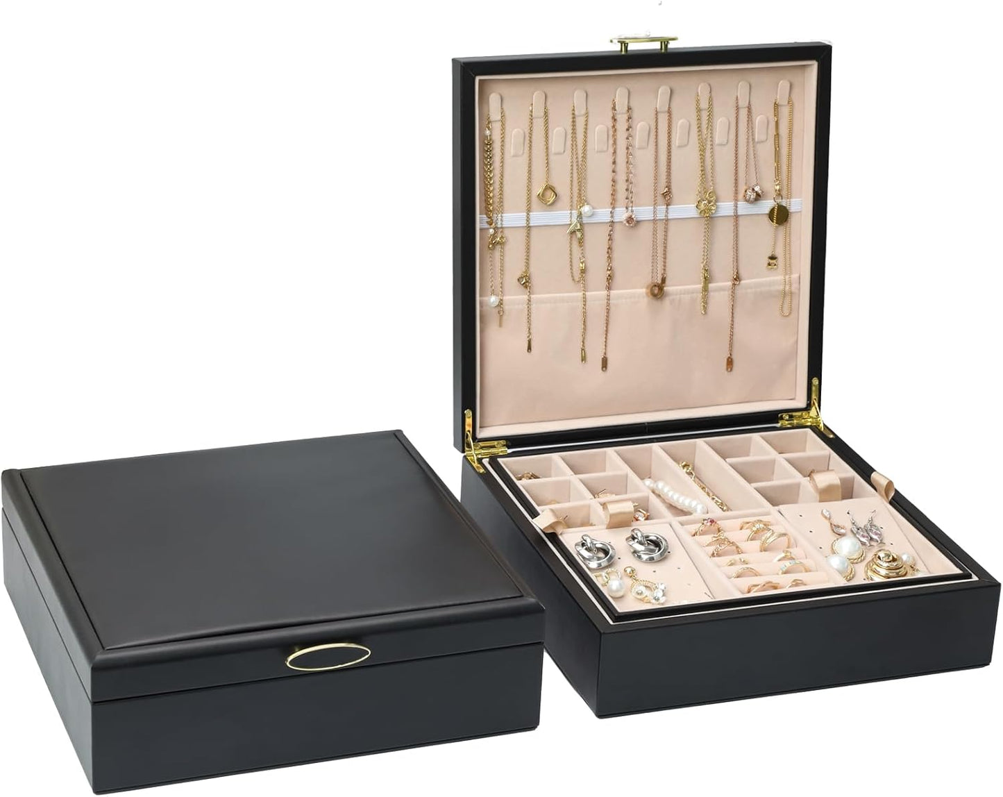2-layer jewelry box，Jewelry Organizer with Handle，with hanging necklace hooks, detachable jewelry trays, suitable for storing a large amount of jewelry gift box (Large-Black)
