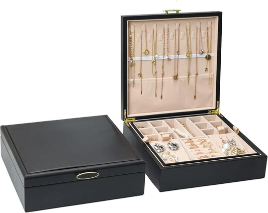 2-layer jewelry box，Jewelry Organizer with Handle，with hanging necklace hooks, detachable jewelry trays, suitable for storing a large amount of jewelry gift box (Large-Black)