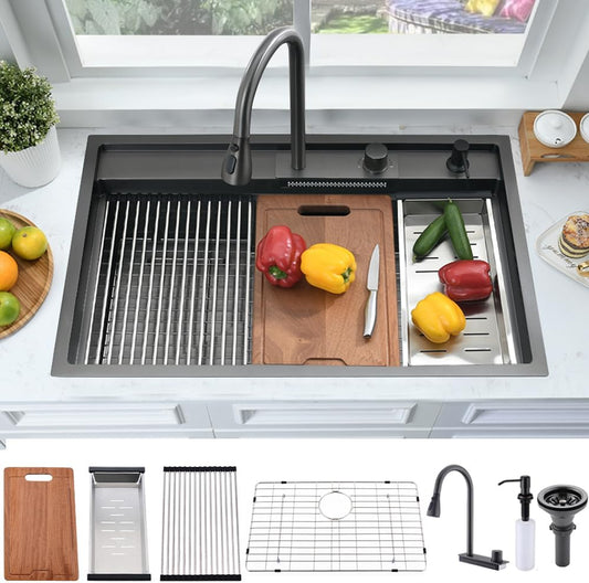 33 Inch Black Waterfall Kitchen Sink Workstation -Bokaiya 33x19 Drop In Kitchen Sink with Faucet Black Stainless Steel Waterfall Sink 16 Gauge Single Bowl Modern Kitchen Sinks with Cutting Board