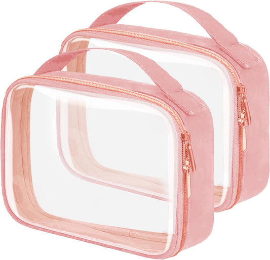 TSA Approved Travel Toiletry Bag,2 Pack Clear Makeup Bags with Handles,Quart Size Clear Cosmetic Bags for Traveling Women,Men,Carry on Airport Airline Compliant Bag,Pink