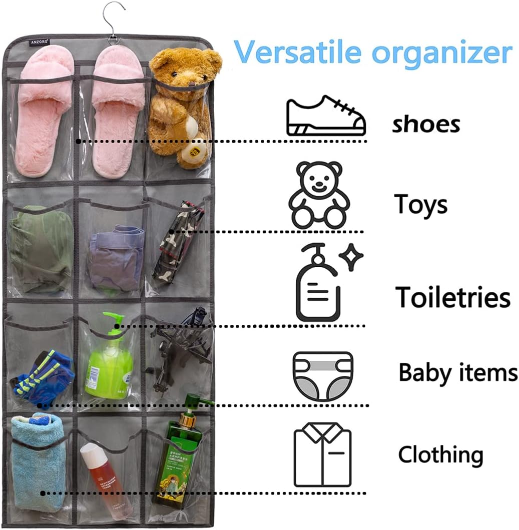 Dual Sided Hanging Shoe Organizer for Closet with Rotating Hanger Hanging Shoe Rack Holder with 24 Large Pockets (GREY-Clear Pockets)