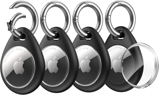 UNBREAKcable Holder for Apple AirTag [Fit Tightly Design] [Easy to Install] [Hold Air Tag Securely] Waterproof TPU Shell Case with All Metal Keychain Key Ring Clip, 4 Pack, Black