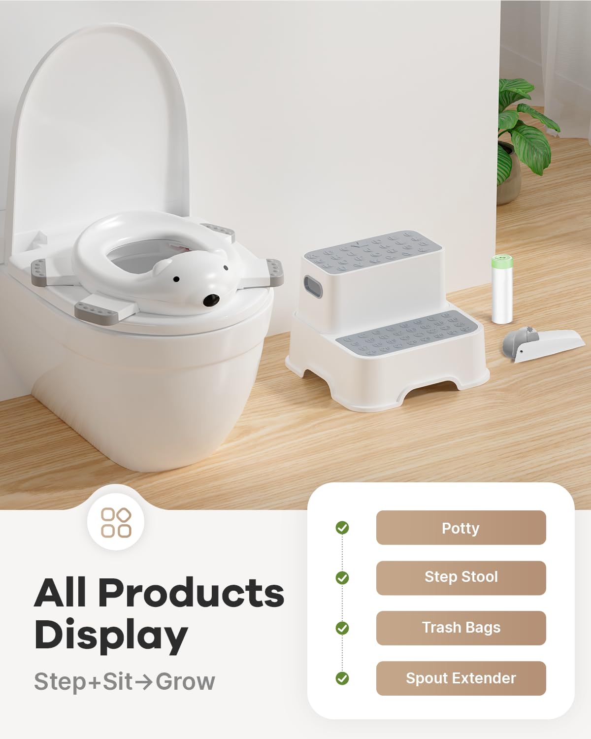 3 in 1 Potty Training Toilet & Toddler No-Slip Step Stool with Trash Bags and Spout Extender, Portable for Boys Girls Use in Indoor and Outdoor, Kids Portable Potty and Step Stool Set