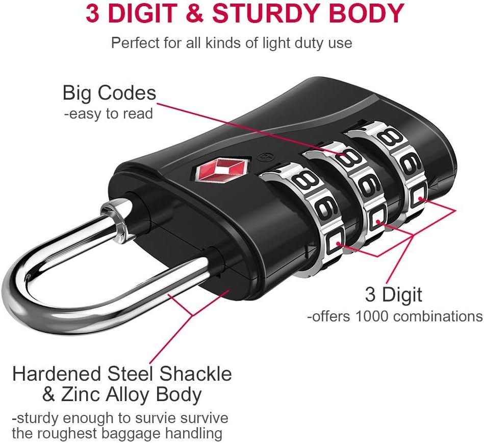 ZHEGE Luggage Lock for Train 4 Pack, 1 Cable (30 Inch), TSA Approved Travel Cable Lock for Backpack, Suitcase, School Gym Locker (4 Pack, Black)