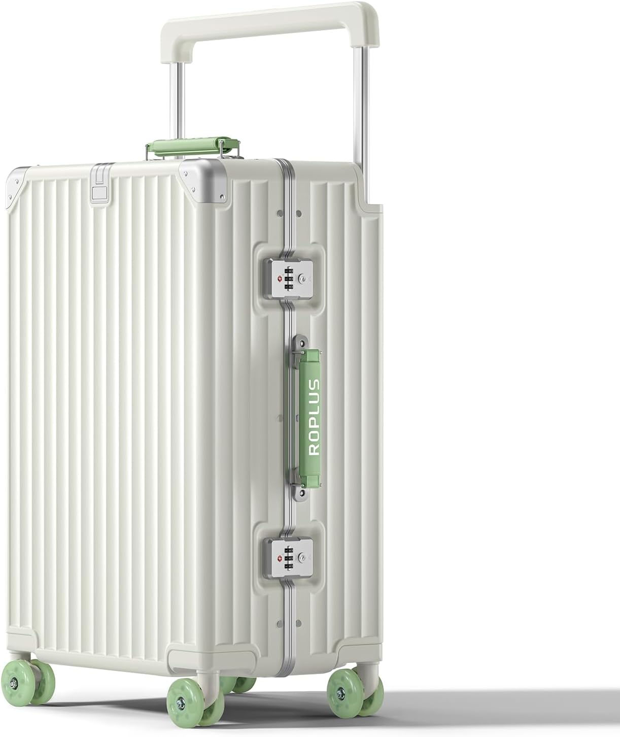 Aluminium Frame Checked-Luggage with Smooth Jelly Wheels, Hardside Zipperless Rolling Suitcase with TSA Lock (WhiteGreen, 24-Inch)