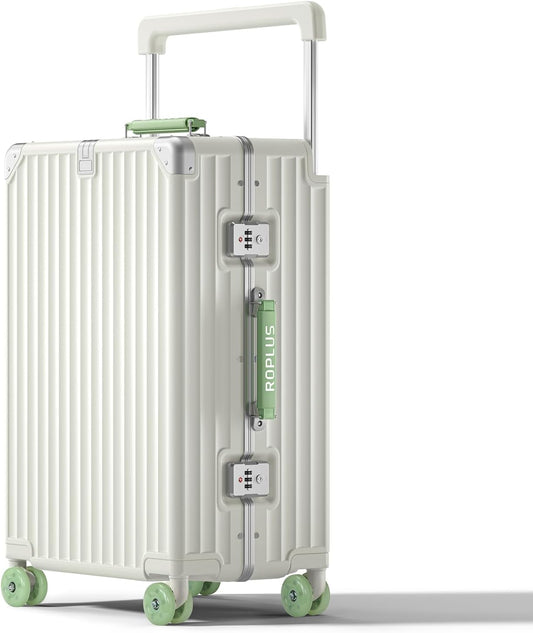 Aluminium Frame Checked-Luggage with Smooth Jelly Wheels, Hardside Zipperless Rolling Suitcase with TSA Lock (WhiteGreen, 24-Inch)