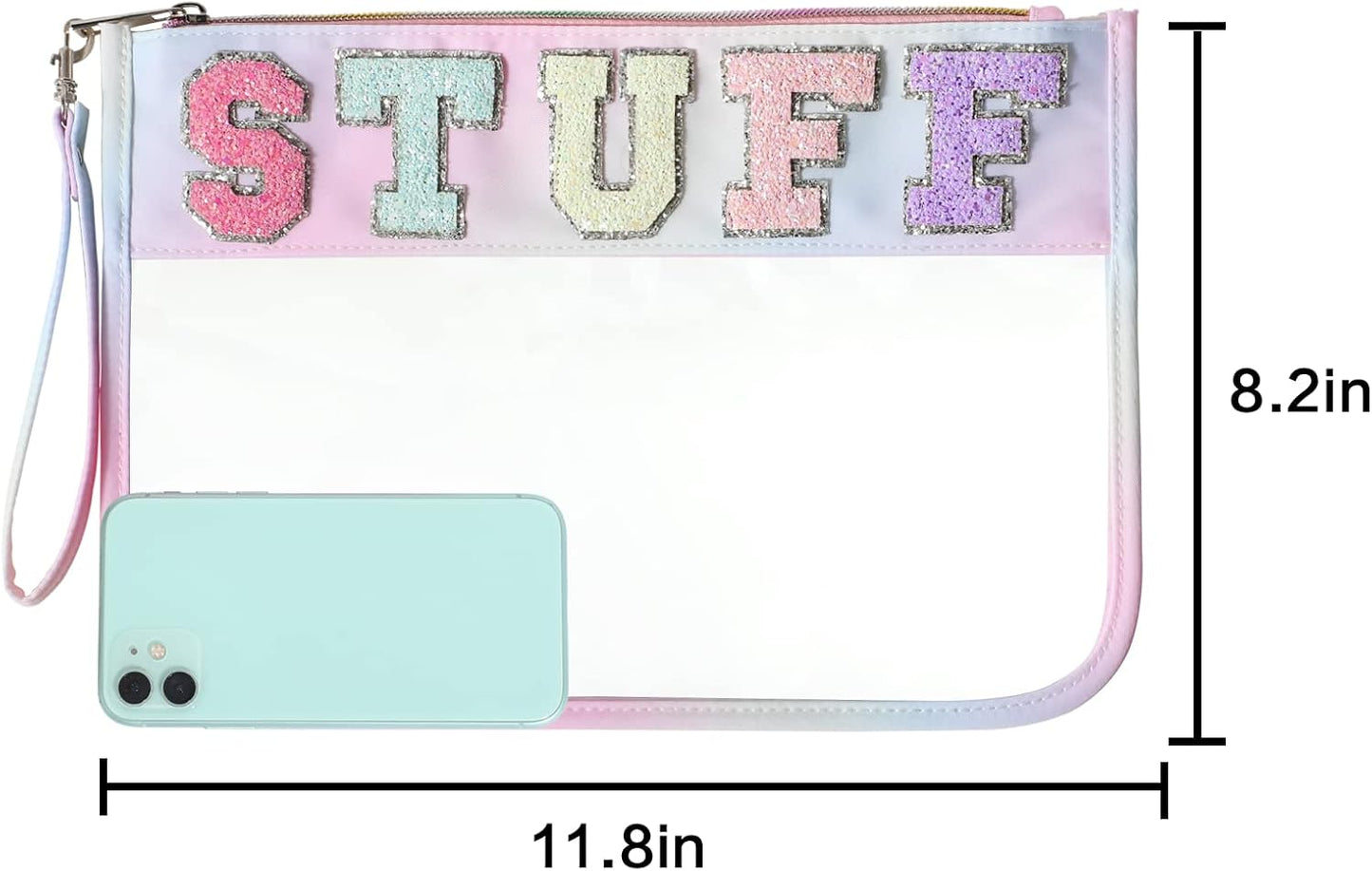 DYSHAYEN Chenille Letter Clear Zipper Pouch for Travel,Nylon Clear Cosmetic Bag,Makeup Travel Bag for Women Girls 11.8 Inches x 8.2 Inches