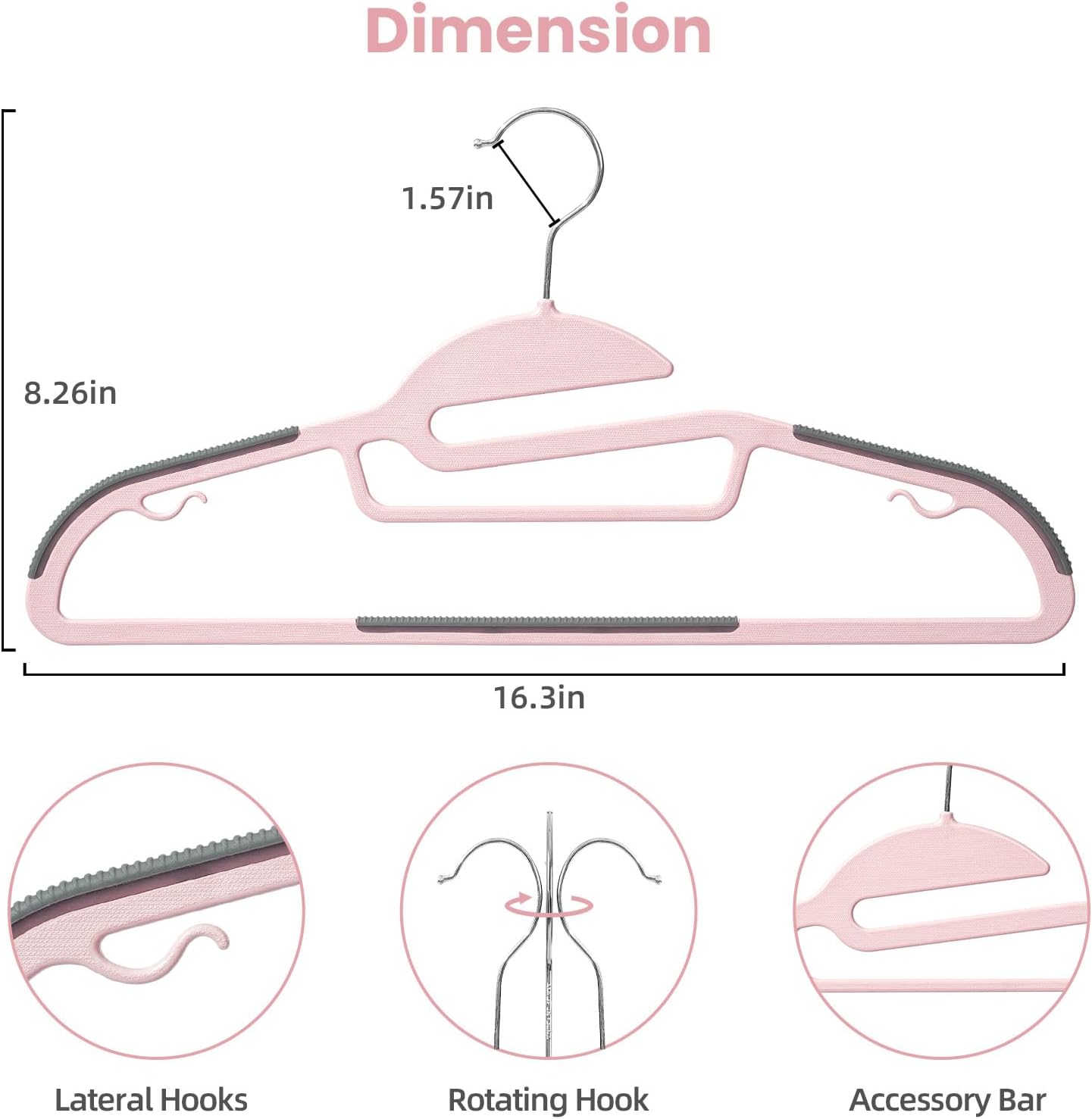 BAGAIL Plastic Hangers 50 Pack with Non-Slip Design,0.2 Inches Thick, 360°Swivel Hook Space Saving Organizer for Bedroom Closet,Shirts,Pants(Pink- S Shaped)