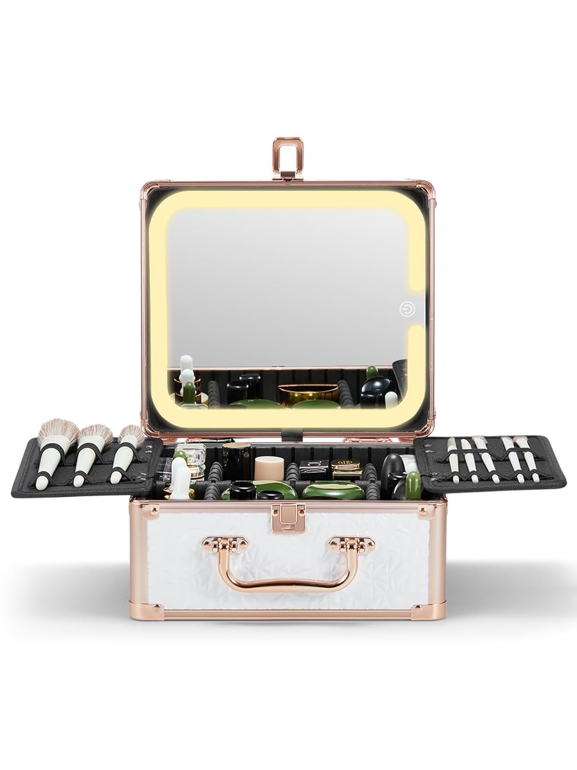 Qislee Makeup Box with A Detachable Lighted Mirror, Waterproof Travel Train Case, Cosmetic Organizer and Makeup Suitcase with Adjustable Dividers, Magnetic LED Mirror(Bright White)