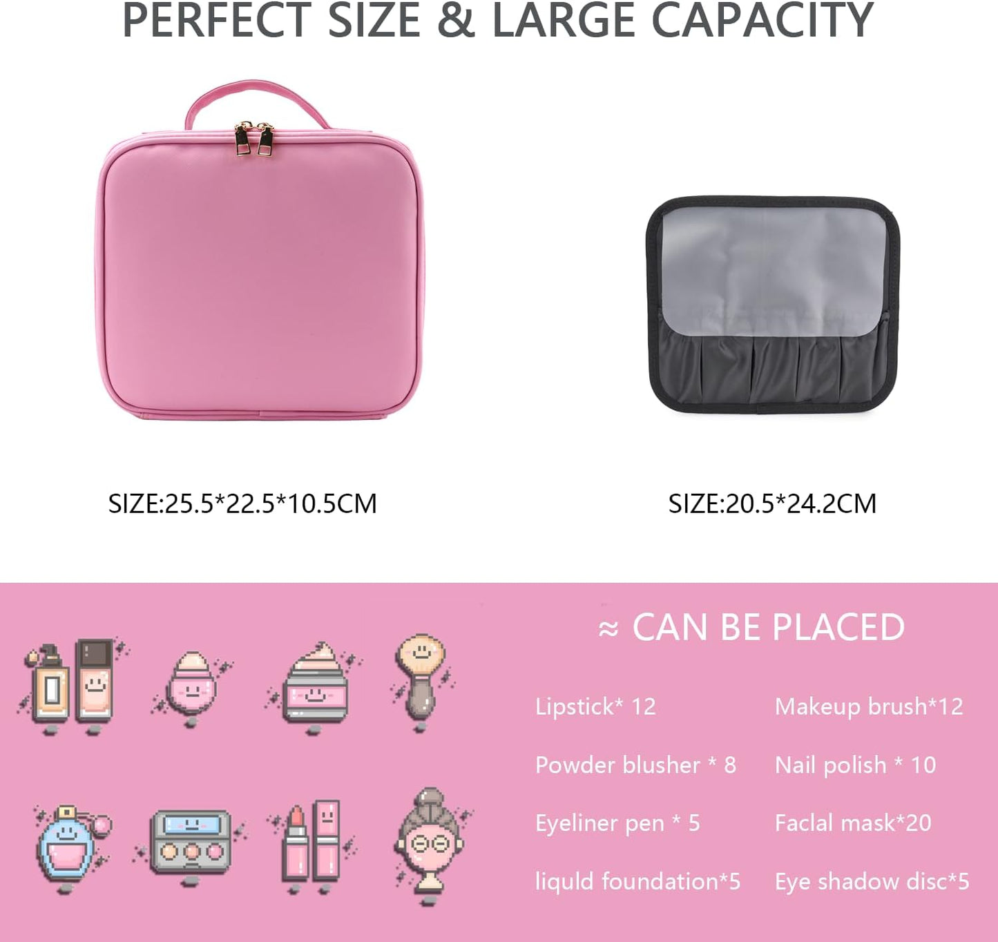 Makeup Bag with Led Mirror,Travel Makeup Organizer with 3 Color Setting & 10X Magnifying Mirror, Portable Storage and Adjustable Dividers Travel Makeup Bag-Dark Pink