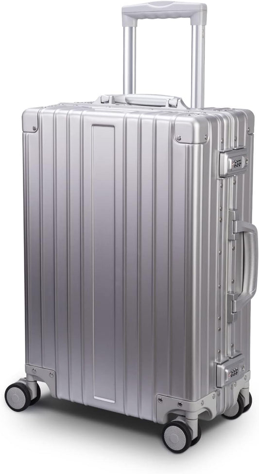 TRAVELKING All Aluminum Carry On Luggage Zipperless Hard Shell Luggage Case with TSA Lock Spinner Alloy Metal Suitcase (Silver, 20")