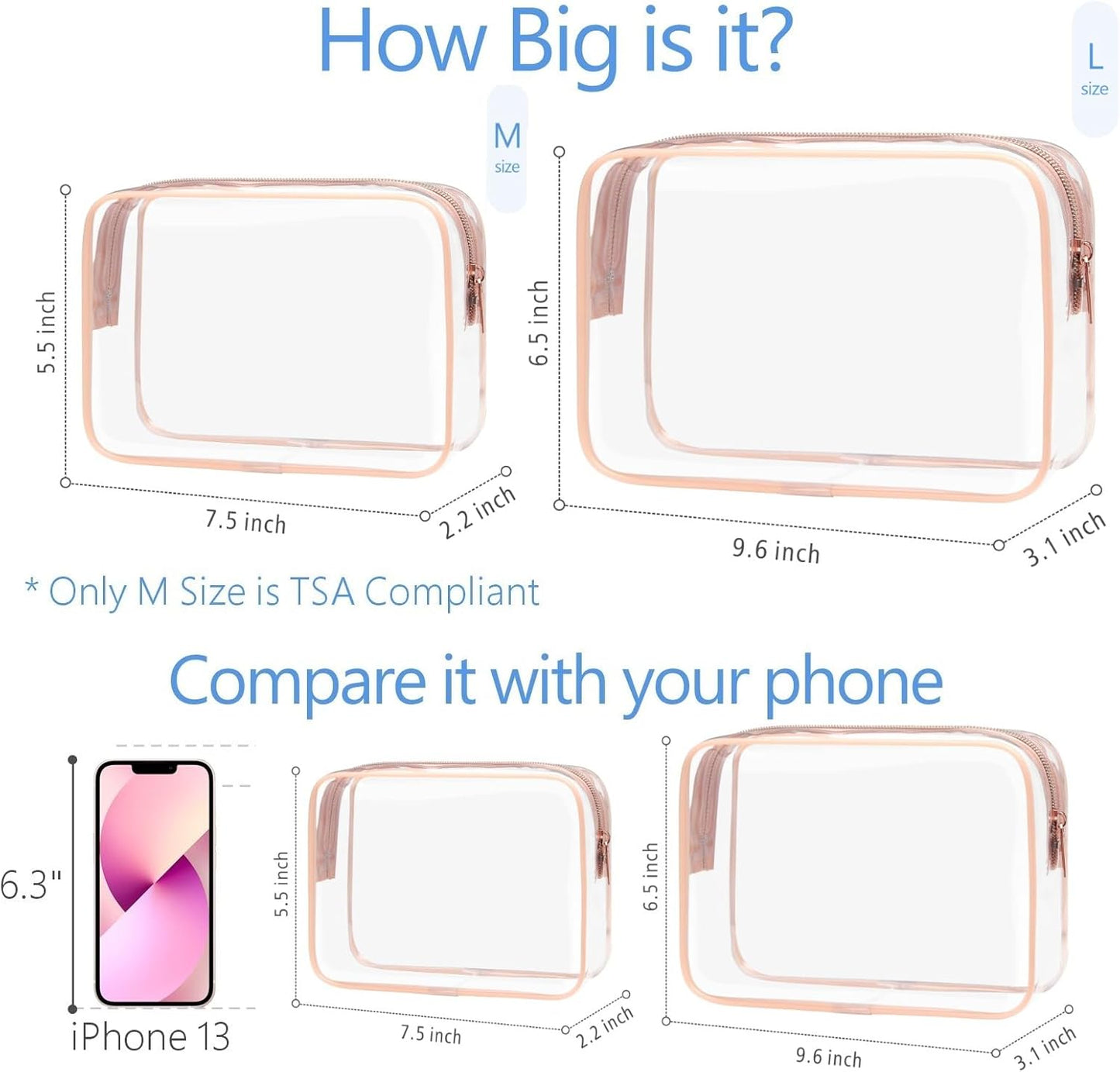 PACKISM TSA Approved Toiletry Bag - Clear Makeup Bags in 2 Size, Durable with Supporting Frame, Perfect for Travel Essentials, Carry-on Airport Airline Compliant Bag, Rose Pink