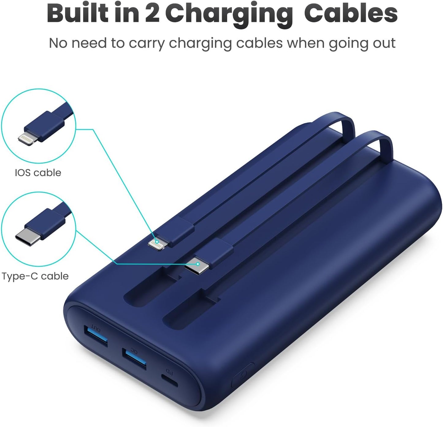 Portable Charger Power Bank 40,800mAh 25W Fast Charging USB C Portable Charger with 2 Built in Cables,5 Outputs & QC 4.0 Quick Phone Charging Battery Pack Compatible with iPhone 16/15/Android (Blue)