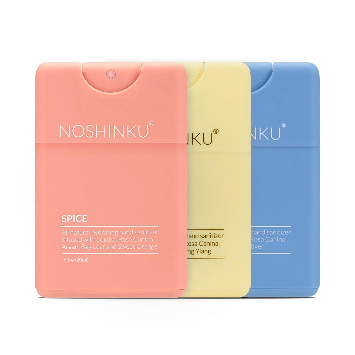 Noshinku - Refillable Hand Sanitizer Discovery Deux 3-Pack, Travel Size Spray, Hydrating Botanical Oils, Natural Ingredients, All Natural Fragrances, Sugarcane Derived Alcohol, No Parabens, No Dyes