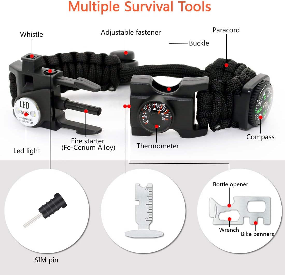 20 in 1 Survival Paracord Bracelet Adjustable Gear Kit with SOS LED Light, Fire Starter, Bigger Compass, Survival Whistle, Perfect for Camping, Hiking, Fishing