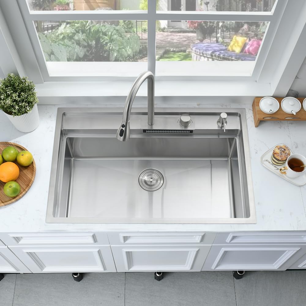 33 Inch Drop In Waterfall Kitchen Sink Workstation-Bokaiya 33x19 Drop In Kitchen Sink with Faucet Combo Stainless Steel Waterfall Sink Top Mount 16 Gauge 10" Deep Single Bowl Kitchen Sinks