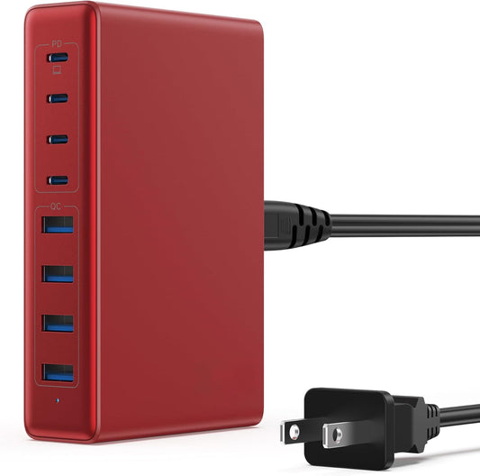 200W USB C Charger Block,GaN IV Charging Station 8 Ports,QC4.0 Fast Charging Station Hub+PD 65W USB C Laptop Charger Adapter Compatible with MacBook Air/Pro,DELL,iPhone 16/15,iPad,Steam Deck-Red