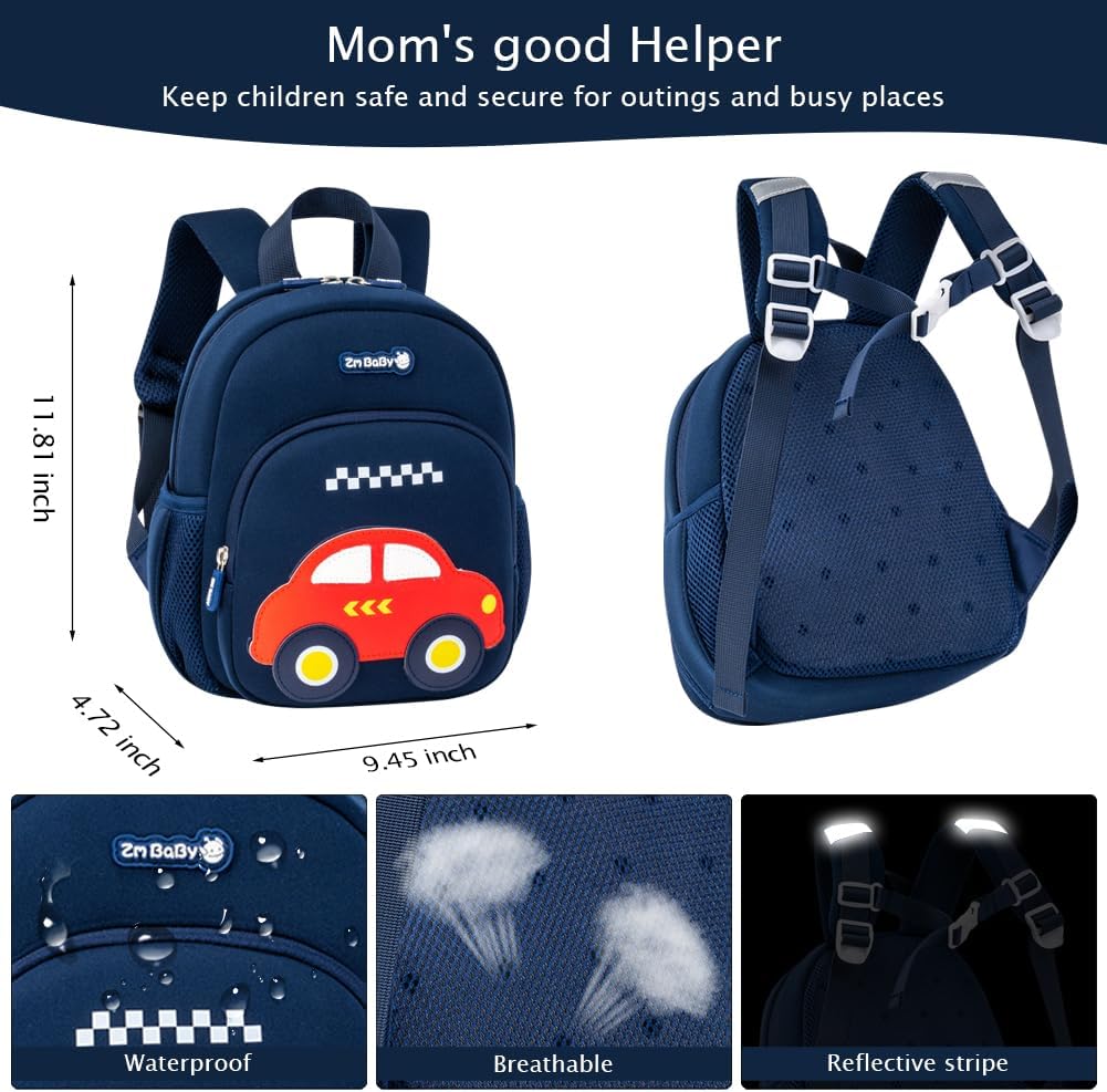 Padgene Toddler Harness Backpacks Safety Leash Kids Anti Lost Kindergarten Preschool Backpack Neoprene Lightweight Animal Schoolbag 3D Cartoon Car Mini Travel Bag for Boys Girls Ages 3-5