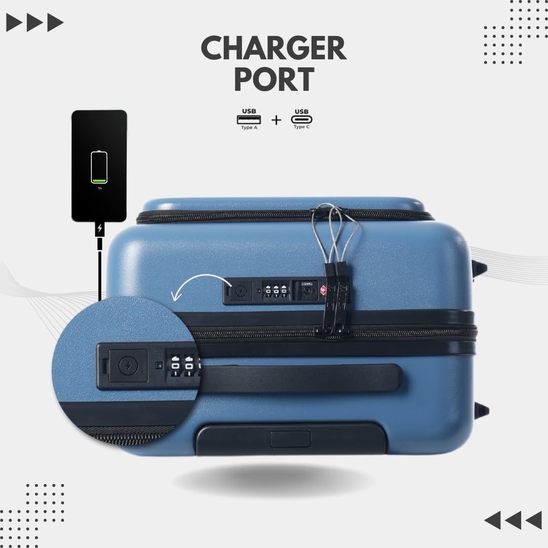 20-Inch Hardside Carry-On Luggage with Spinner Wheels – Airline Approved 22x14x9 Travel Suitcase with USB Port, Front Laptop Pocket & TSA Lock (Blue-Grey)