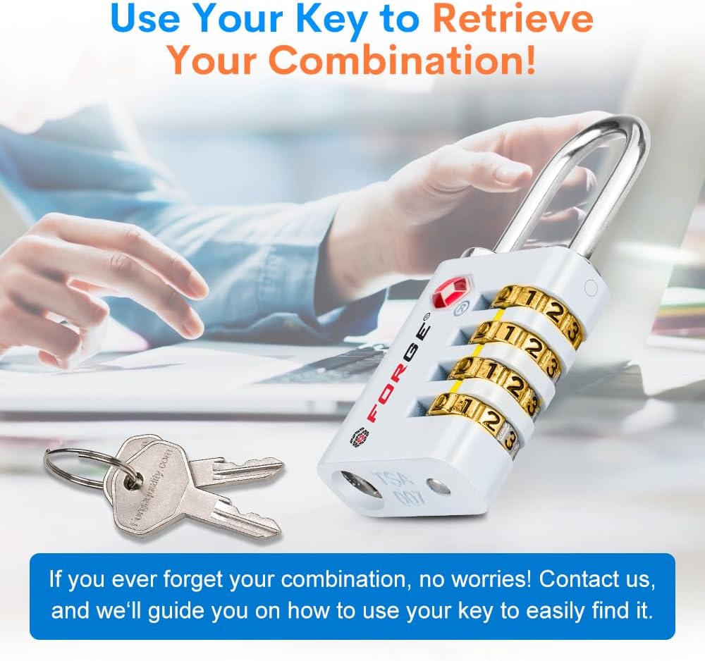 Forge Dual-Opening: Key or Combination Access Lock, TSA Approved Locks for Luggage, Pelican case, Travel, Gym, School, Stainless Steel Shackle. (White, 2 Pk)