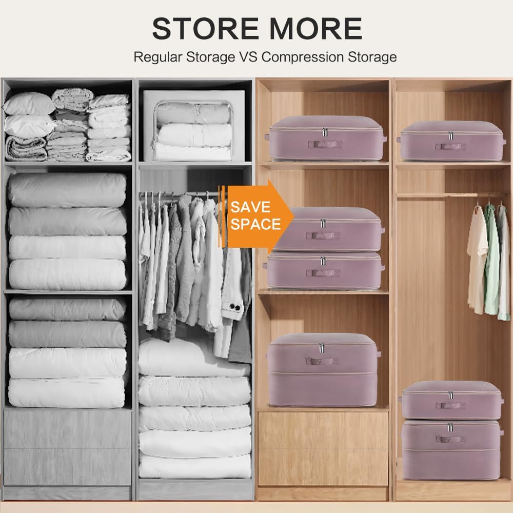 Ultra Space Saving Self Compression Storage Bags with Zipper, (pink) -Compression Organize for Bedding, Comforter Storage Bag for Blankets Duvet Quilts Pillows