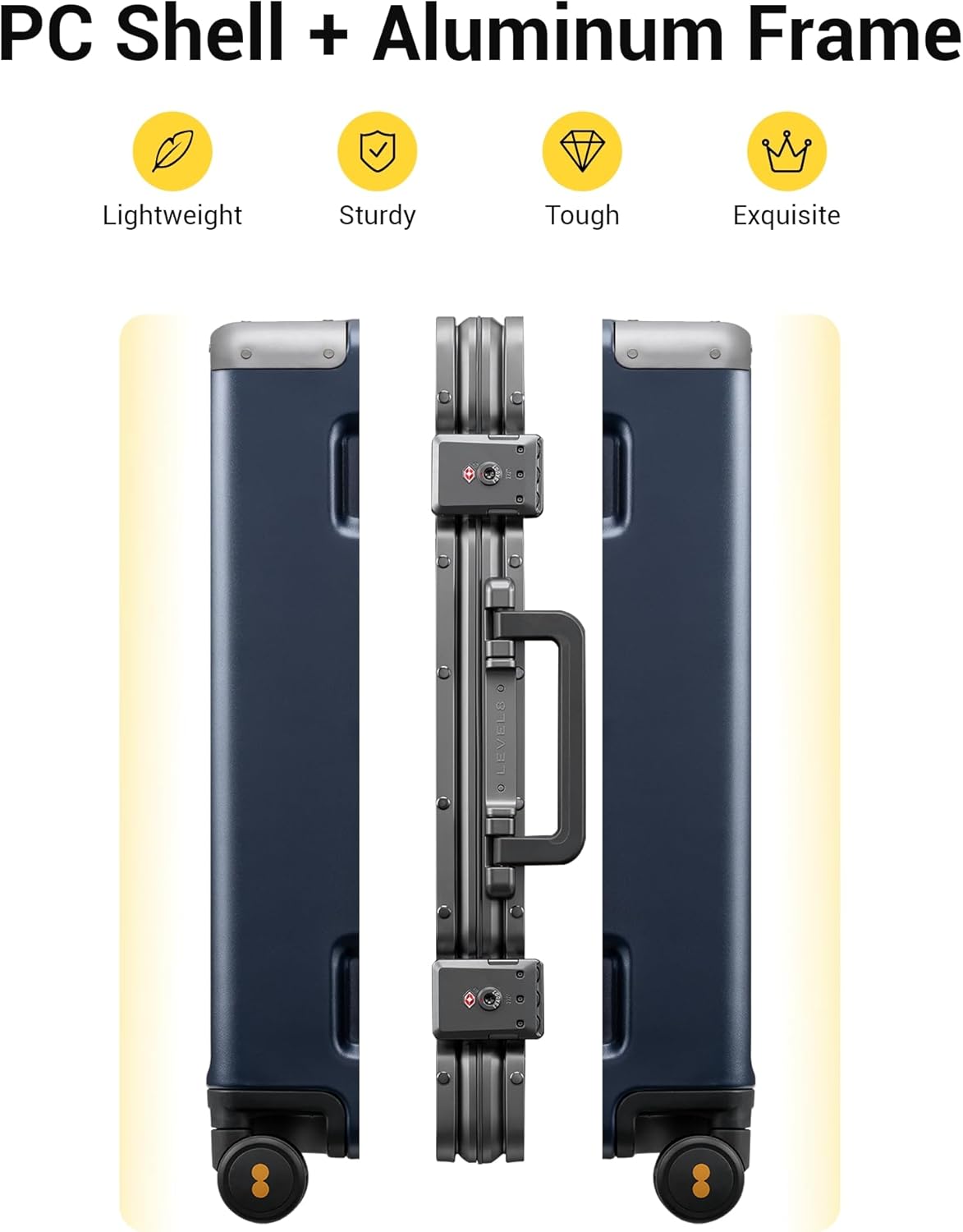 LEVEL8 Zipperless Checked Luggage with Aluminum Frame, Upgraded Medium Hardside Suitcase with Spinner Wheels, Metal Travel Luggage with Double Tsa Locks, 24 Inch, Blue