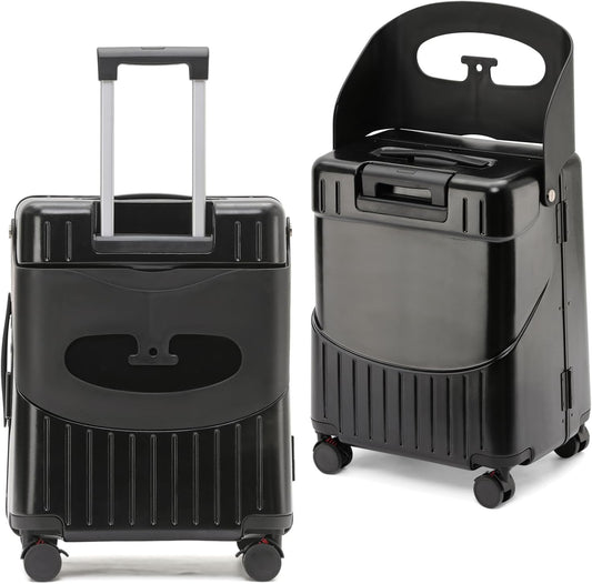 22 Inch TSA Lock Luggage with Seat for Adults and Kids,Check in Lockable Spinner Wheels Suitcase with Belt and Cover (TSA Luggage with Seat Black)