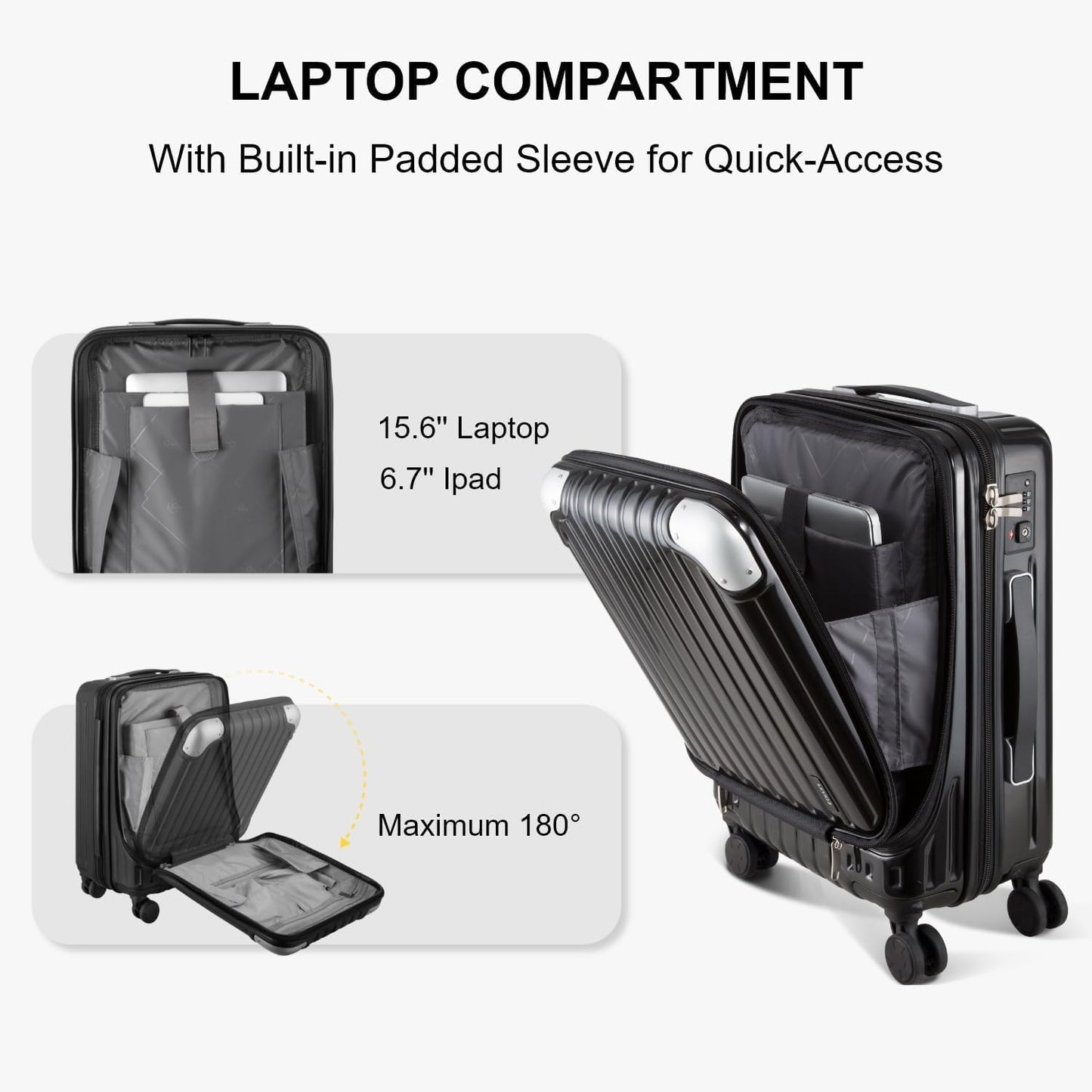 LEVEL8 Grace Carry on Luggage, 20 Inch Hard Shell Suitcases with Spinner Wheels, Abs+Pc Hard Case Luggages with Tsa Lock, Black