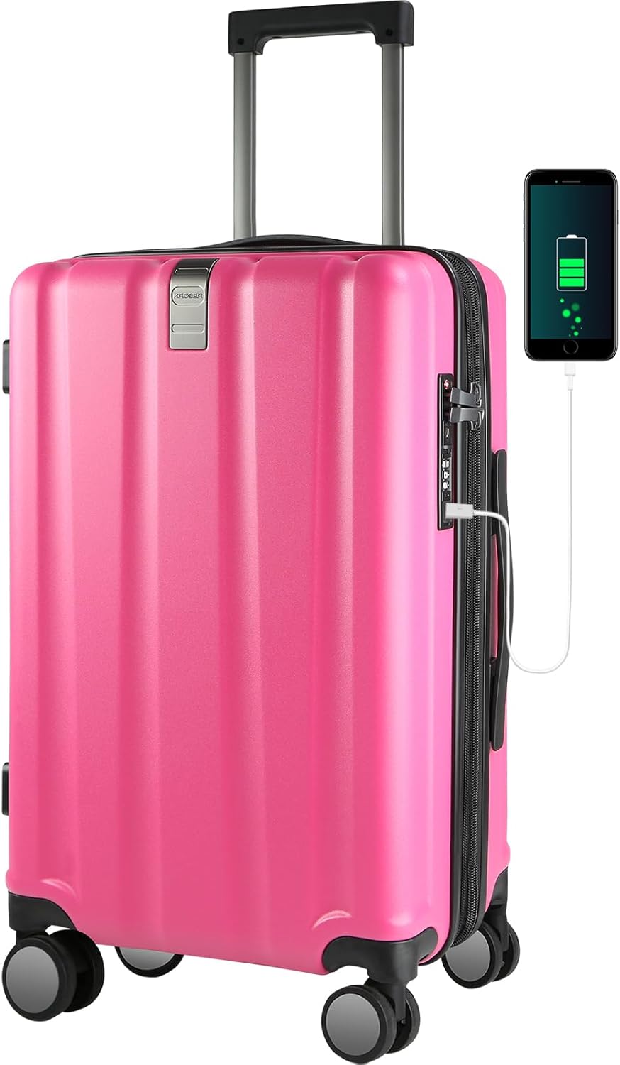KROSER Hardside Expandable Carry On Luggage with Spinner Wheels & Built-in TSA Lock, Durable Suitcase Rolling Luggage with USB Port, Carry-On 20-Inch, Magenta