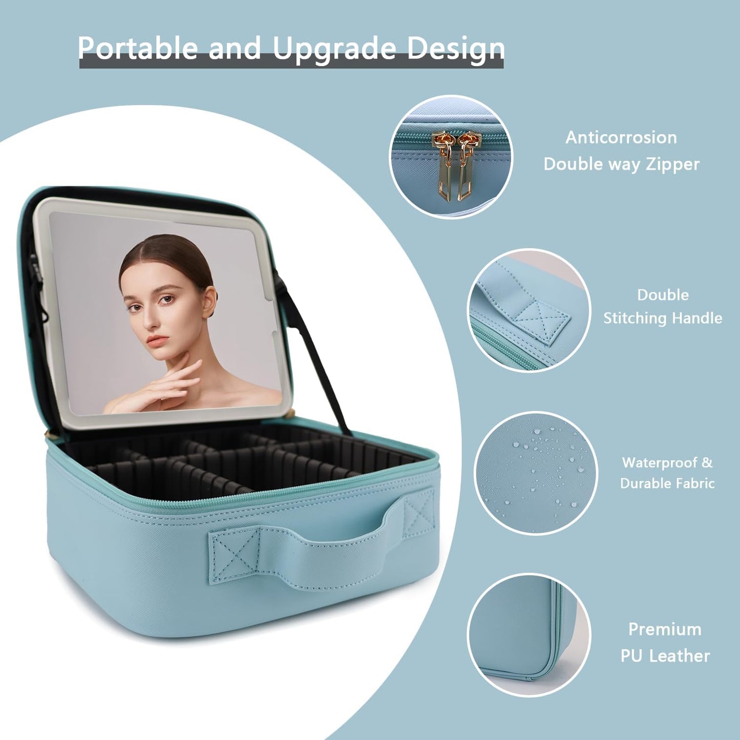 Makeup Bag with Led Mirror,Travel Makeup Organizer with 3 Color Setting, Portable Storage and Adjustable Dividers Travel Makeup Bag(baby blue)