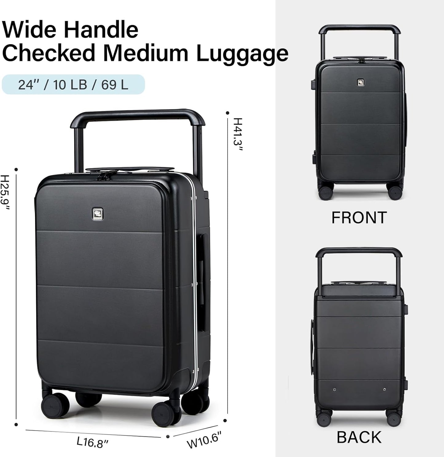 Hanke Top Opening 24 Inch Luggage with Spinner Wheels, Aluminum Frame All-PC Hard Shell Medium Suitcase, Zipperless Trunk Wide Handle Luggage, TSA Checked-Medium(Jet Black, 69L)