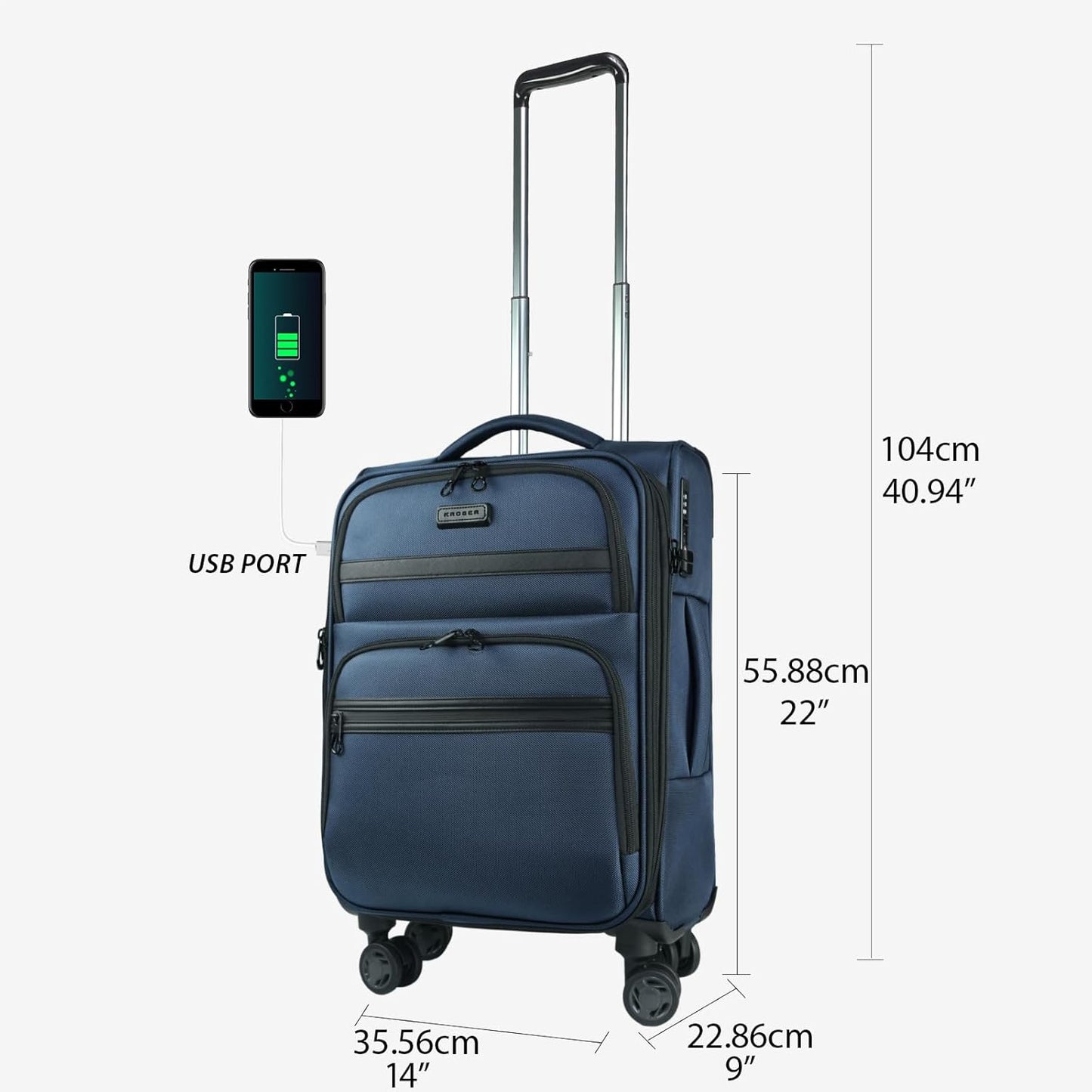 KROSER Softside Expandable Carry On Luggage with Spinner Wheels & Built-in TSA Lock, Durable Suitcase Rolling Luggage with USB Port, Carry-On 20-Inch, Haze Blue